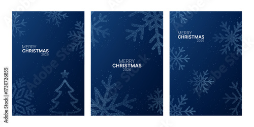 Merry Christmas wishes on glitter snowflake and tree vector card. Winter holiday season greeting design. Festive season celebration.