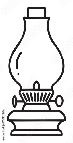 Vintage oil lamp outline with glass chimney and decorative base - stock vector
