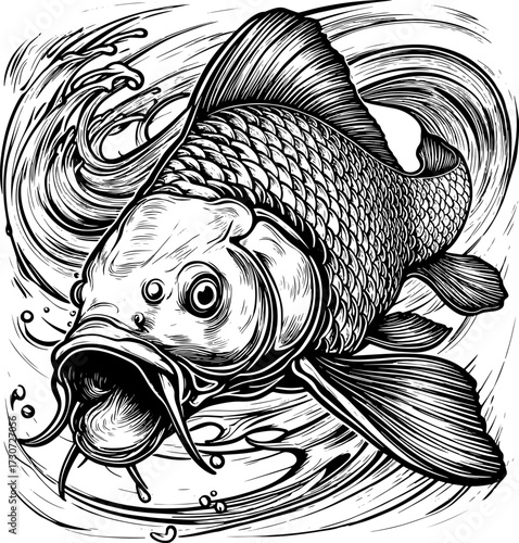 Detailed ink drawing of a majestic koi fish swimming through swirling water