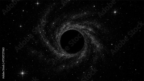 Black hole in a starry spiral galaxy. Space vector background and universe astronomy concept for science exploration.