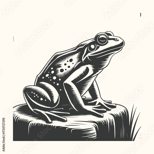 Vector art of a detailed black and white illustration of a frog sitting on a textured rock, with a plain background, evoking a sense of nature and wildlife