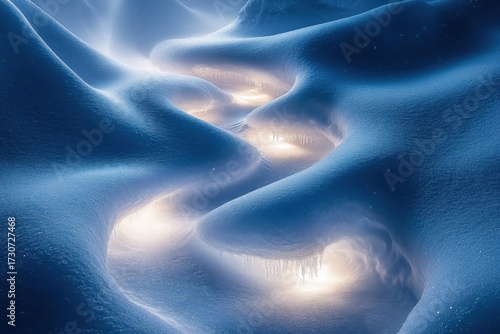 A light shining in the center of a snow-covered landscape.