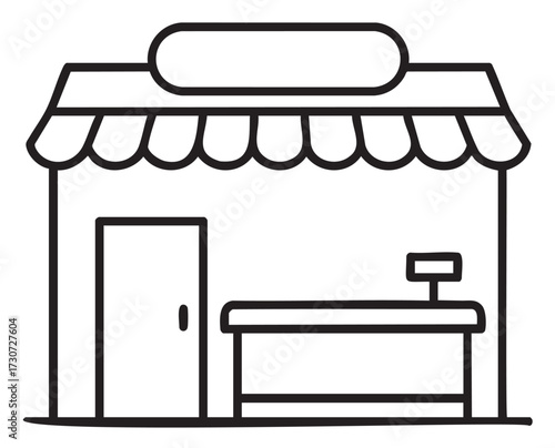 Outline drawing of market stall with awning and cash register in front view - stock vector