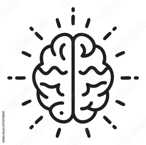 Creative brain icon with radiating lines symbolizing ideas and intelligence - stock vector