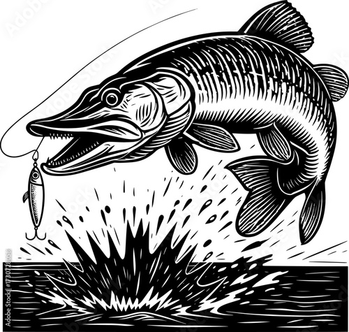 Dynamic musky fishing scene with a large fish leaping out of the water