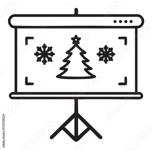 Black and white christmas projection screen with tree and snowflakes - stock vector