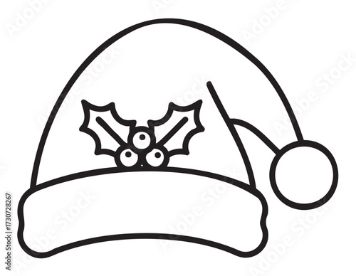 Festive santa hat with holly berries line art for christmas coloring - stock vector