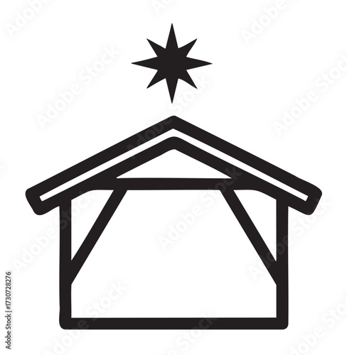 Simple nativity scene icon with stable and star - stock vector