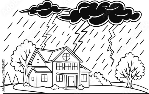 Black and White Drawing of a Stormy Day with Houses and Trees