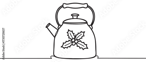 Festive tea kettle outline with holly leaf design - stock vector