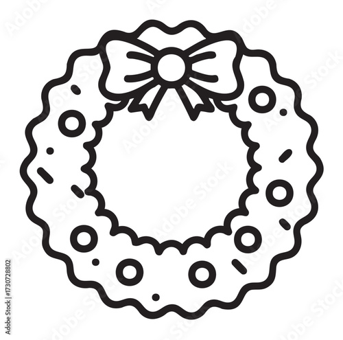 Outline of a decorative holiday wreath with bow and ornaments - stock vector