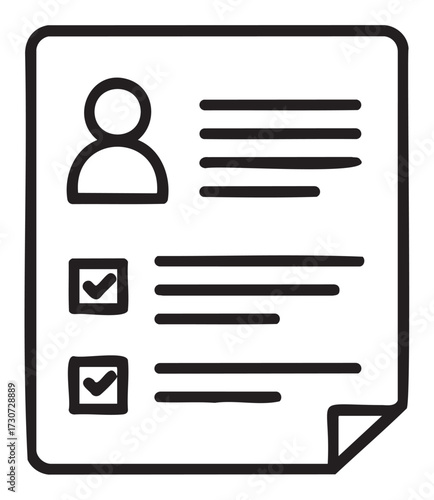 Minimalist resume icon with profile picture and checklists in black and white - stock vector
