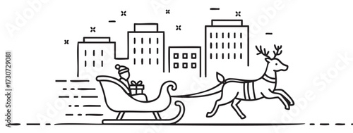 Reindeer pulling santa's sleigh in urban winter wonderland - stock vector