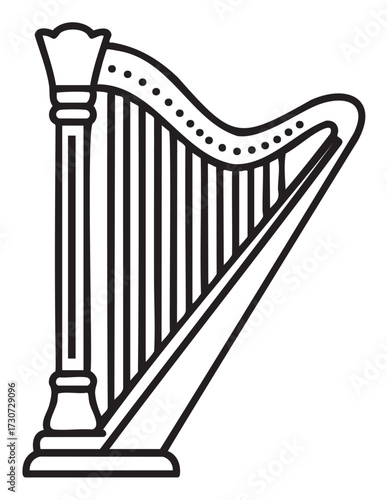 Outline drawing of a classic harp with detailed strings and pillar - stock vector