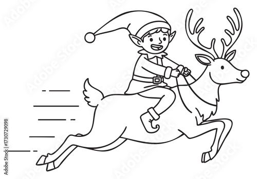 Cheerful elf riding reindeer drawing in festive holiday scene - stock vector
