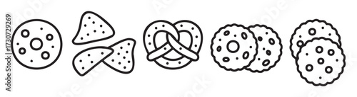 Outline illustrations of cookies, chips, pretzels, and biscuits - stock vector
