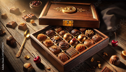 A luxurious wooden box with a golden lock, filled with an assortment of gourmet chocolates