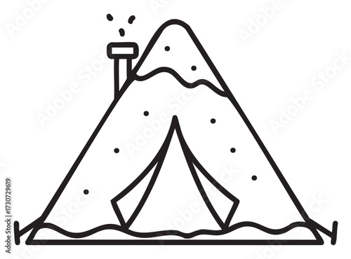 Minimalist mountain tent line art with campfire - stock vector
