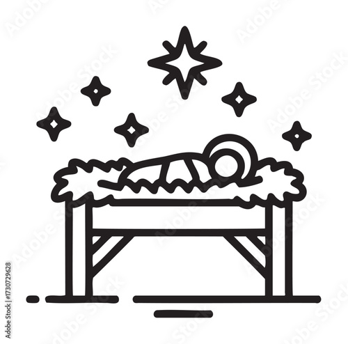 Black and white illustration of baby jesus in manger with stars above - stock vector