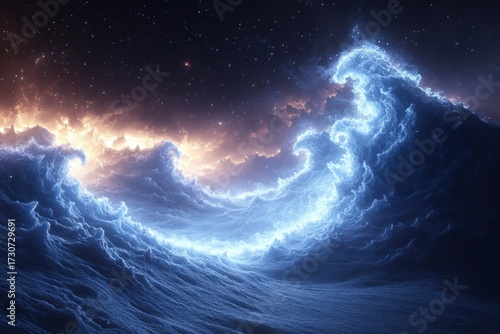 Large ocean wave under vibrant orange and blue sky.