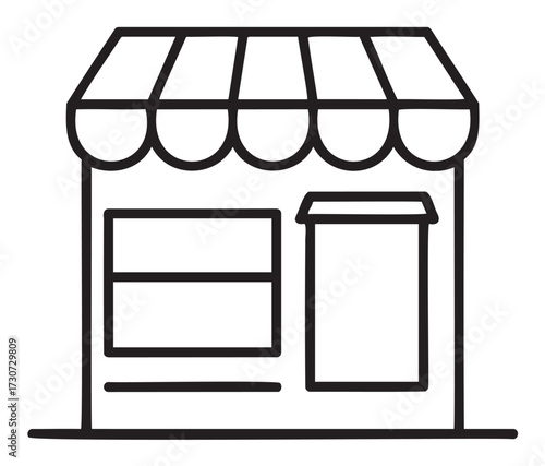Minimalistic outline of small storefront with awning and window display - stock vector
