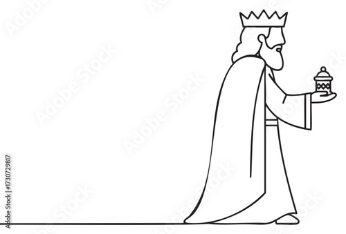 Outline of a king with crown and royal robe holding a pot - stock vector