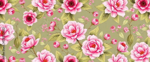 Seamless pink floral wallpaper pattern Delicate blooms & leaves repeat endlessly, art, pastel