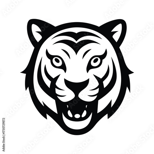 fierce tiger head illustration ? bold black and white tribal style, symmetrical animal face, strong line art design.eps