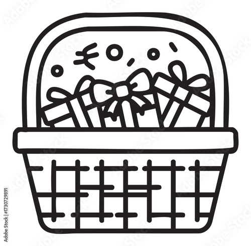 Illustrated gift basket with presents and bow in black and white - stock vector