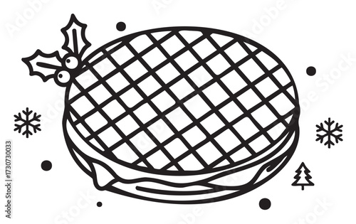 Festive holiday waffle with holly and snowflakes – black and white line art - stock vector