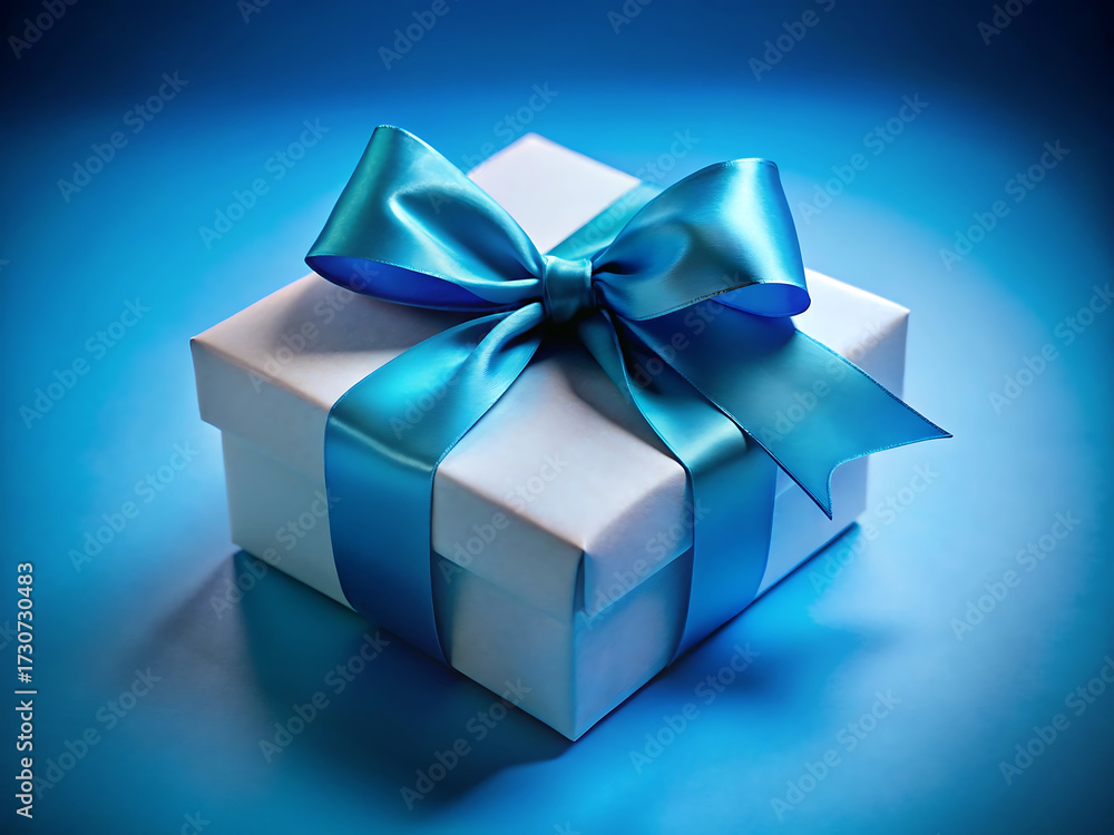 Obraz premium A white gift box with a vibrant blue ribbon and bow, set against a deep blue, softly lit background