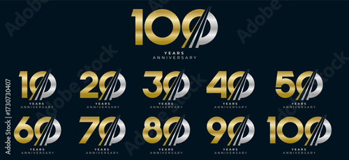 Set of modern vector logo designs for 10th to 100th anniversary with swoosh, in gold color for celebrations, weddings and birthdays
