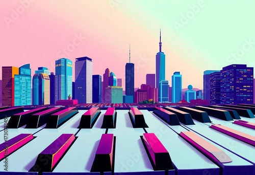 Stylized city skyline composed of piano keys, jazzy colors,  design,  vintage