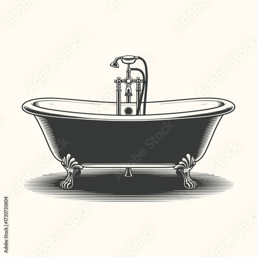 Vector art of vintage clawfoot bathtub with ornate faucet and handles, classic bathroom fixture, elegant design, antique style, detailed illustration, isolated on cream background
