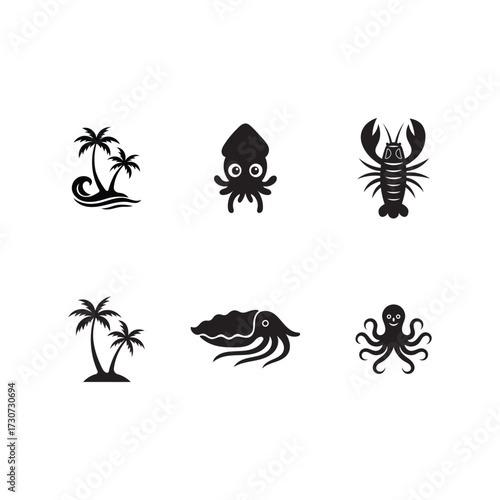  tropical island and sea creatures silhouette icons – palm trees, squid, lobster, octopus, cuttlefish vector set.