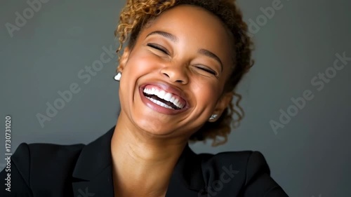 A joyful woman smiles brightly, showcasing her confidence and warmth while wearing professional attire against a neutral background.