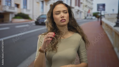 Woman walking on urban street appears thoughtful, set against a backdrop of buildings and redbrick sidewalk, showcasing a calm daytime outdoor atmosphere.