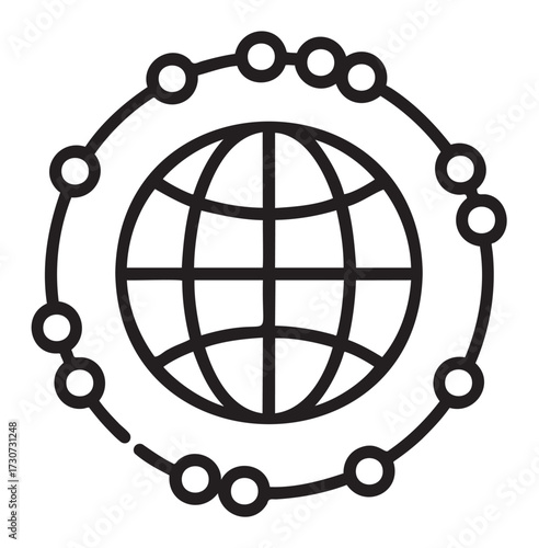 Outlined globe with orbiting dots symbolizing global connection and network - stock vector