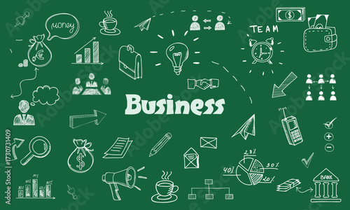 Business Chalkboard Doodle Icons Set – Hand Drawn Vector Illustration