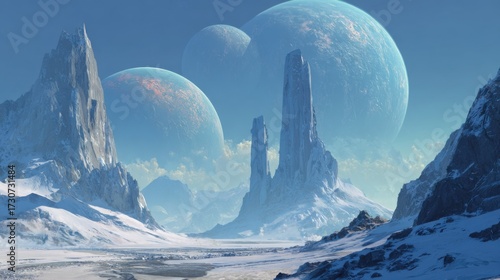A stunning alien landscape features tall rock formations surrounded by snow with multiple planets visible in the clear sky. The tranquil scene evokes wonder and curiosity about the universe.