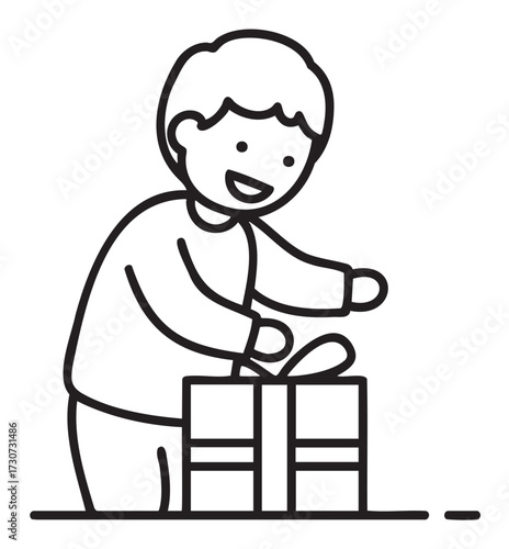 Young caucasian male child joyfully opening gift line art illustration - stock vector