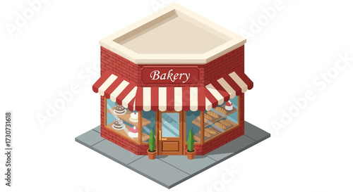 Isometric bakery building with red brick walls and striped awning.