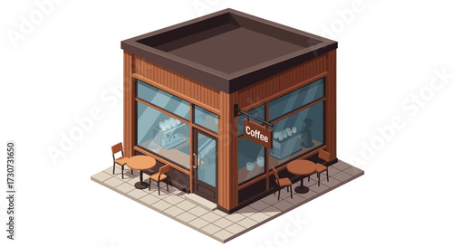 Isometric illustration of a coffee shop building with tables and chairs outside.