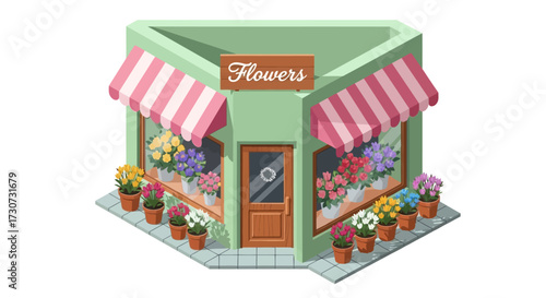 Isometric flower shop with pink and white striped awnings and potted plants.