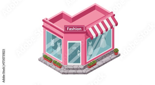 Isometric fashion store with pink walls and striped awning.