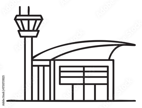 Black and white line art of modern airport terminal with control tower - stock vector