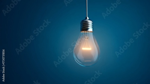 A single glowing incandescent bulb hangs from the ceiling against a solid blue background,