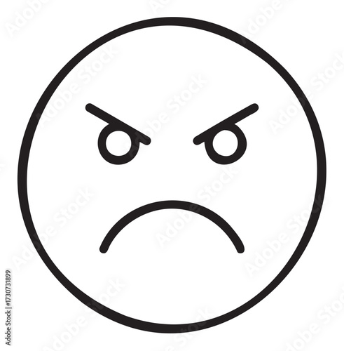 Simple black and white angry face emoji illustration - stock vector