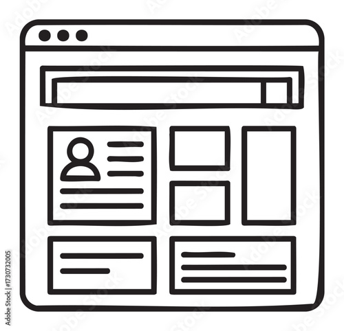 Simple black and white website layout drawing with user profile and content blocks - stock vector