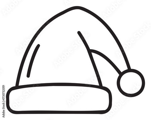 Black and white santa hat with pom pom outline drawing - stock vector